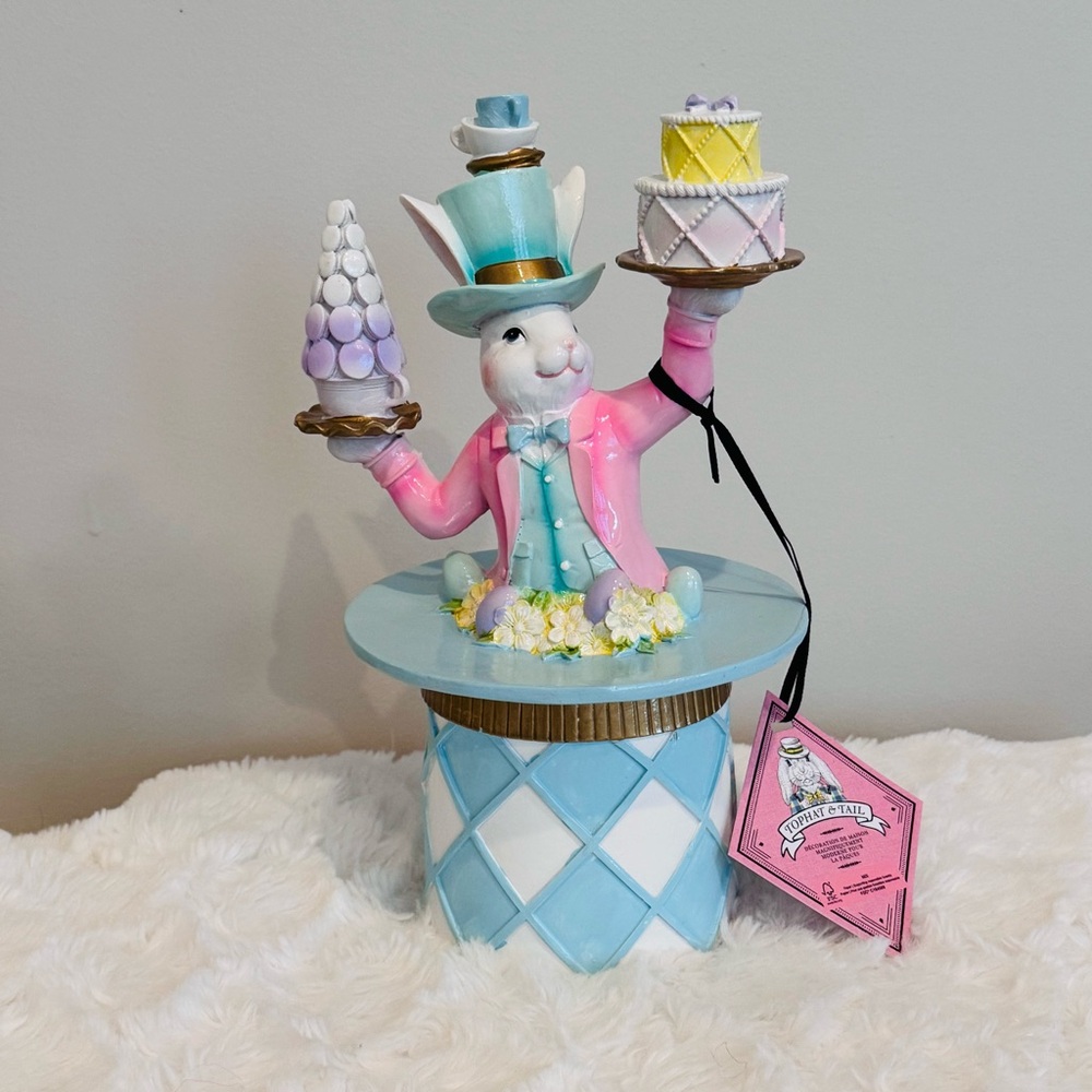 Mad Hatter Easter Bunny In Teapot w Top Hat Balancing Pastel Cakes NWT